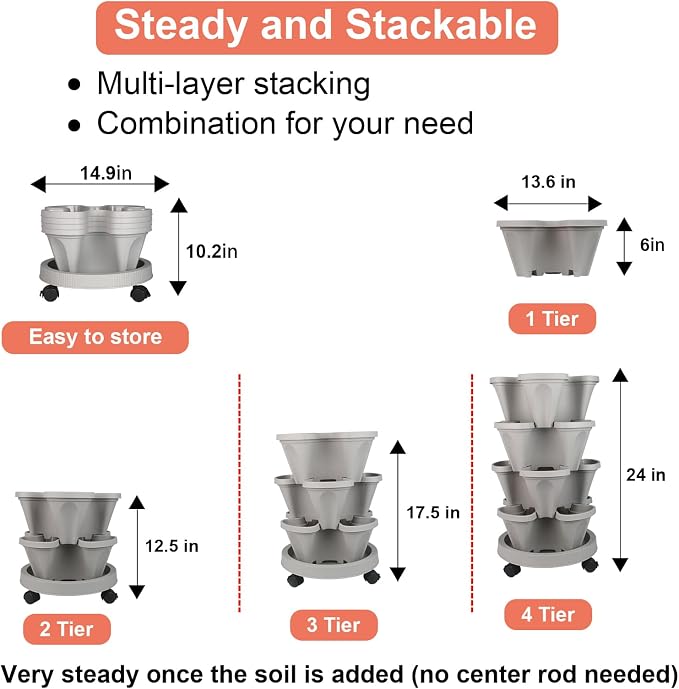 GameXcel Vertical Planter Tower - 4 Tier Stackable Garden Planters with Wheels and Tools Plant Pots for Strawberry Herb Flower and Vegetable Indoor Outdoor Use Gray