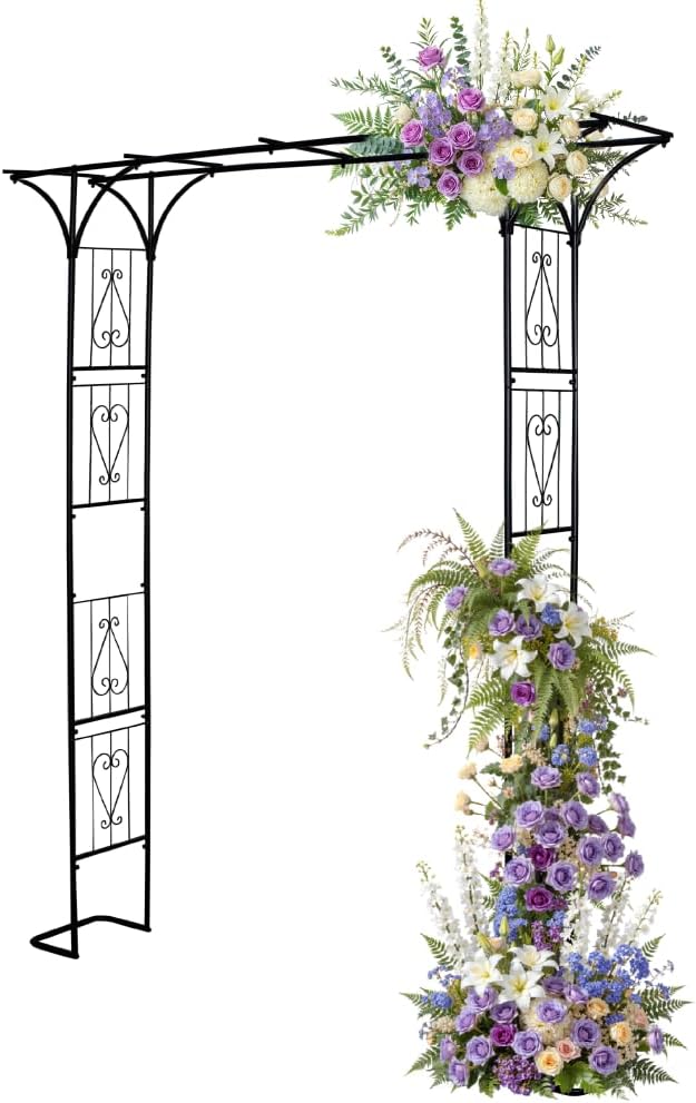 86" Garden Arbor Metal Arch Trellis for Climbing Plants with Standing Base | Outdoor Arbors Archway Pergola for Wedding Ceremony Party Decoration Flat Top Trellises for Rose Vine Backyard Lawn Patio