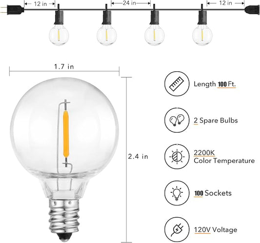 Brightown LED Outdoor String Lights Patio Lights 100FT with 104 LED Bulbs, Shatterproof Weatherproof Commercial Hanging Light for Backyard Bistro Pergola Party Decor, E12 Socket Base, 2200K, Black