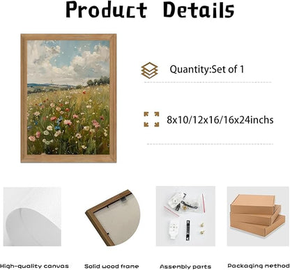Wildflower Wall Art Framed Botanical Flower Meadow Canvas Print, Vintage Floral Landscape Canvas, Nature Wall Decor with Wood Frame for Bedroom Living Room Cottage Home Decor 12x16 Inch