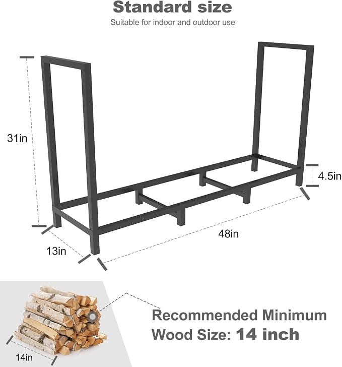 4ft Outdoor Firewood Rack Holder with 8 Support Legs for Fire Wood Pile Storage, Adjustable Heavy Duty Log Stacker Stand Organizer, Black