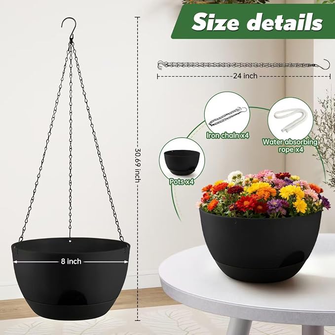 4-Piece Set of 8-Inch Hanging Planters with Automatic Watering System and Drip Tray, Includes Metal Chain, Suitable for Various Indoor and Outdoor Plants and Flowers,Black