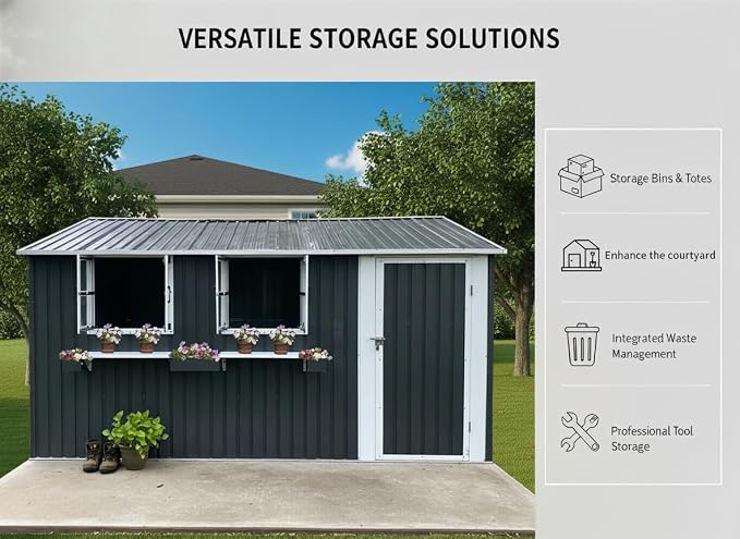 KEIKI 12x10 FT Outdoor Metal Storage Shed with 3 Clear Windows, Lockable Single Door Heavy Duty Steel Tool Shed Bike Storage Rainproof Rust Resistant Windproof for Backyard Patio, Coal Gray