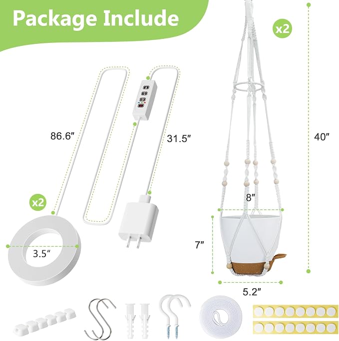 2 Pack Self Watering Hanging Planters with Grow Light for Indoor Plants | 10 Brightness, 3 Light Modes, 3/9/12H Timer, Built-In Reservoir, Drainage Holes, 8 in Pots