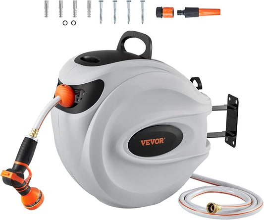 VEVOR Retractable Hose Reel, 100 ft x 1/2 inch, Garden Water Hose Reel with 9-Pattern Nozzle & Retractable Air Hose Reel, 3/8 IN x 50 FT Hybrid Air Hose Max 300PSI