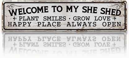 Garden Metal Tin Sign, Welcome to My She Shed Sign, Vintage Farmhouse Outdoor Wall Decor, for Garden Shed Porch Fence Door Yard, Gift for Gardening Lover, 15.7 x 3.9 Inches