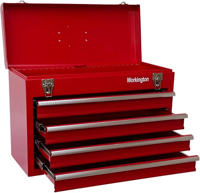 Workington Portable Metal Tool Chest with 4 Drawers, 20" 4-Drawer Tool Chest Cabinet with Ball Bearing Drawer Slides, Steel Tool Storage Box Organizer 4004 Red