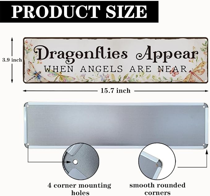 Garden Metal Tin Sign, Vintage Farmhouse Decor, Dragonflies Appear When Angels Are Near Sign, Wall Art for Yard Fence Porch, Meaningful Indoor Outdoor Garden Decoration, 15.7 x 3.9 Inches