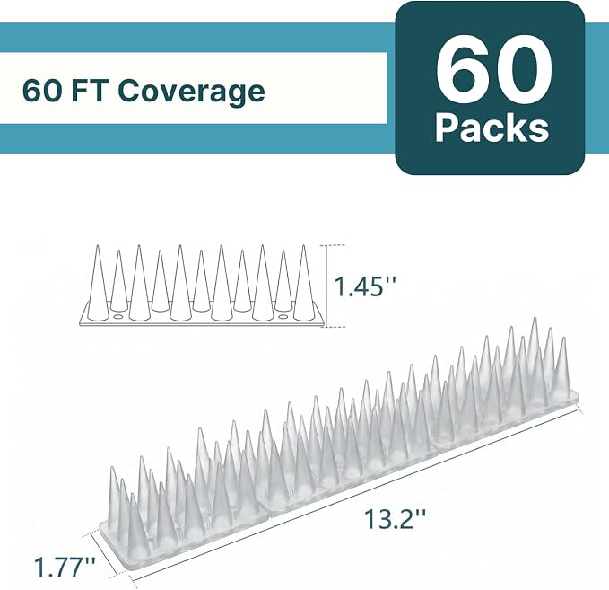 Bird & Animal Deterrent Spikes, 60 Packs Outdoor Plastic Spike Strips for Roof, Ledges, Fence, Walls & Railing, Humane Squirrel, Raccoon & Pigeon Barrier, 60 FT Coverage, White