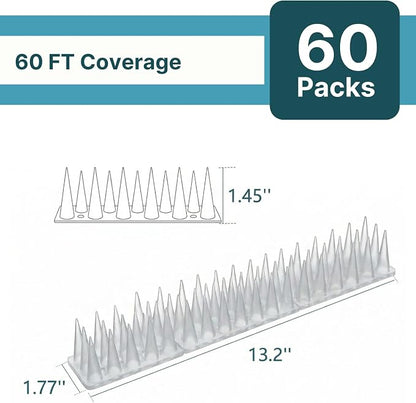 Bird & Animal Deterrent Spikes, 60 Packs Outdoor Plastic Spike Strips for Roof, Ledges, Fence, Walls & Railing, Humane Squirrel, Raccoon & Pigeon Barrier, 60 FT Coverage, White