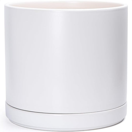 D'vine Dev 16 Inch Ceramic Planter Pot with Drainage Hole and Saucer, Indoor Cylinder Round Planter Pot, White, 94-O-H-1