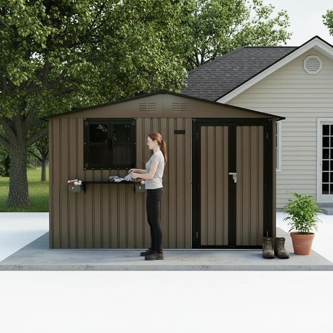 10x8 FT Storage Shed,Outdoor Metal Building Backyard Shed with 2 Clear Openable Windows,Windowsill & Garden Bed Flower Rack,Lockable Double Doors Tool Shed, Heavy Duty Waterproof,for Yard,Brown
