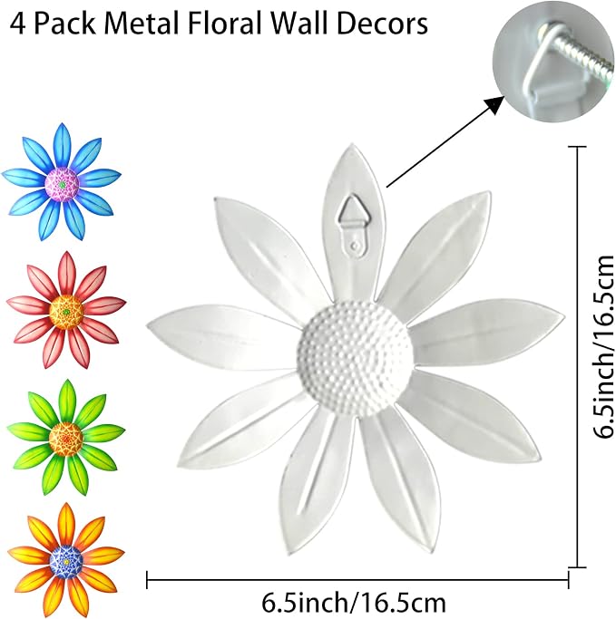 Gooyule Metal Flower Wall Art - Colorful Floral Decor for Indoor Outdoor Hanging - Home Office Garden Yard Wall Decoration Set (Metal Flower Decor A)