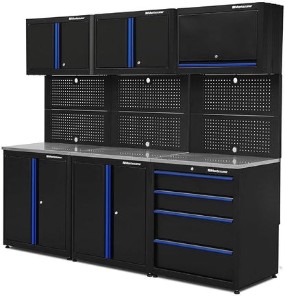 Montezuma Garage Tool Storage System - 9Piece Combo Workbench with Locking Cabinet & Stainless Steel Worktop - SC-BBC
