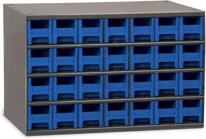 Akro-Mils Steel Garage Storage Cabinet, Small Parts Organizer Metal Cabinet for Hardware, Nails, Screws, Bolts, Nuts, and More, 17" W x 11" D x 11" H, 28-Drawer, Gray Cabinet/Blue Drawers (19228)