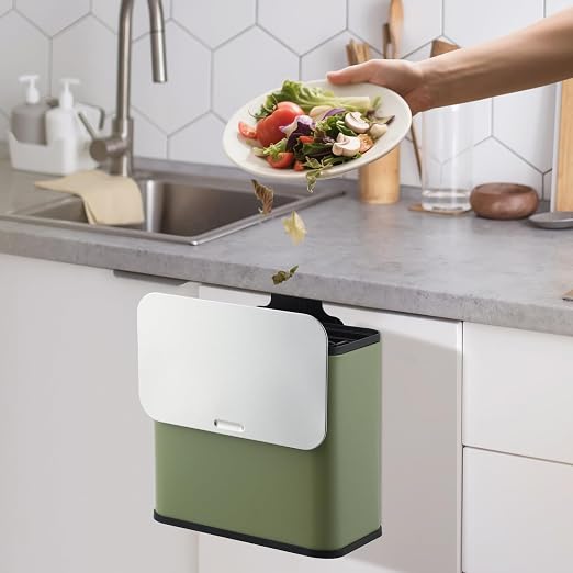 1.3 Gallon/5L Slim Stainless Steel Trash Can with Lid, Odor Control Charcoal Filter, Removable Bucket, Hanging/Wall Mounted/Standing Waste Bin for Kitchen, Bathroom, Bedroom, Office - Green