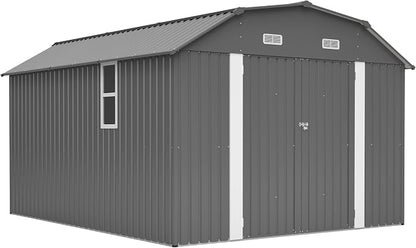 YOPTO 10×12 FT Outdoor Storage Shed,Heavy-Duty Metal Shed with Floor Base,All Weather Waterproof Tool Shed W/Diamond Roof & Windows,Lockable Double Door & 4 Air Vents,for Backyard,Patio,Lawn,Gray