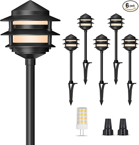 Gardencoin Pagoda Low Voltage Landscape Pathway Lights, 12V Outdoor LED Path Lights Wired, Aluminum Walkway Lighting with 4W 2700K Replaceable G4 Bulb, Classic 3-Tier Lantern, 6 Pack