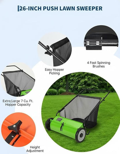 GarveeLife 21 Inch Push Lawn Sweeper with 4 Spinning Brushes, 3.5 Cu.ft Large Capacity Leaf Collector, Adjustable Height Grass Sweeper, All Terrain Lawn Leaf Debris Removal Tool for Yard Garden Patio