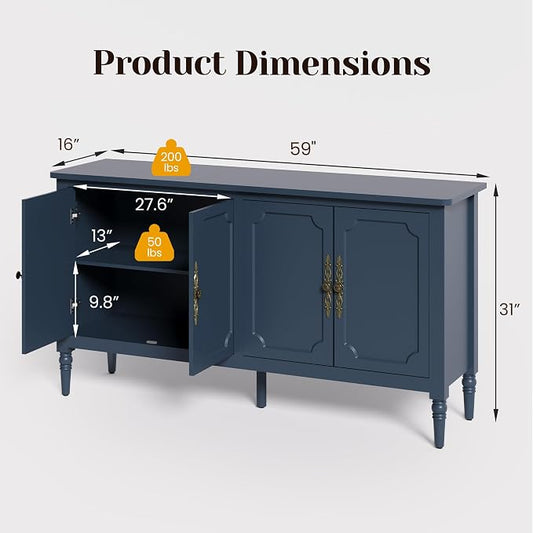 RoyalCraft Sideboard Buffet Cabinet with Storage, 59" Mid Century Modern Credenza with 4 Doors, Coffee Bar Wine Bar Storage Cabinet with Artistic Carved Handle for Living Room, Dining Room, Navy Blue