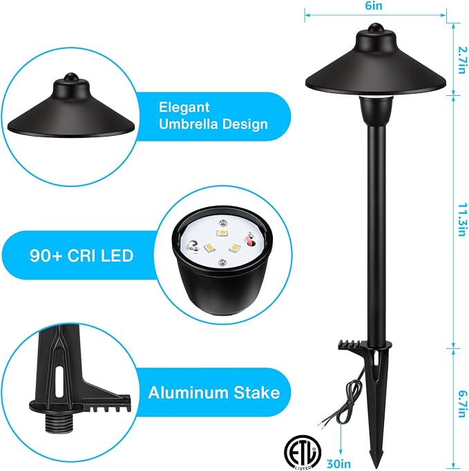 SUNVIE Low Voltage Pathway Lights 12V LED Landscape Path Lights 3000K Outdoor Waterproof Landscape Lighting 3W Aluminum Low Voltage Landscape Lights for Walkway Yard Garden ETL Listed Cord, 4 Pack