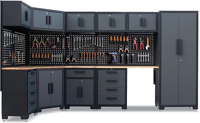 15PCS Corner Garage Storage Cabinet System, Heavy Duty Workshop Set, Corner Cabinet Includes Workbench, Pegboard & Lockable Drawers Metal Tool Organization System for Garage Workshop