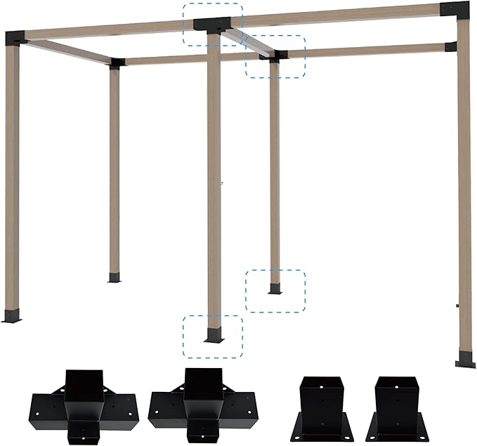 Pergola Bracket Kit 4x4, 2pcs 4-Way Heavy Duty Corner Bracket and 2pcs Base, Used to Connect Extended Pavilion Wooden Beams, for Gazebo, Patio Pergolas, Log Cabin Outdoor, Wood Stand Sheds