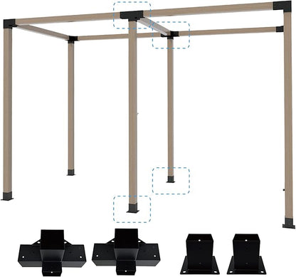 Pergola Bracket Kit 4x4, 2pcs 4-Way Heavy Duty Corner Bracket and 2pcs Base, Used to Connect Extended Pavilion Wooden Beams, for Gazebo, Patio Pergolas, Log Cabin Outdoor, Wood Stand Sheds