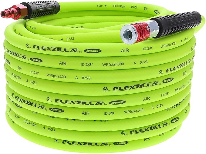 Flexzilla Air Hose with ColorConnex Industrial Type D Coupler and Plug, 3/8 in. x 100 ft., Heavy Duty, Lightweight, Hybrid, ZillaGreen - HFZ38100YW2-D