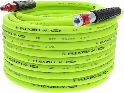 Flexzilla Air Hose with ColorConnex Industrial Type D Coupler and Plug, 3/8 in. x 100 ft., Heavy Duty, Lightweight, Hybrid, ZillaGreen - HFZ38100YW2-D
