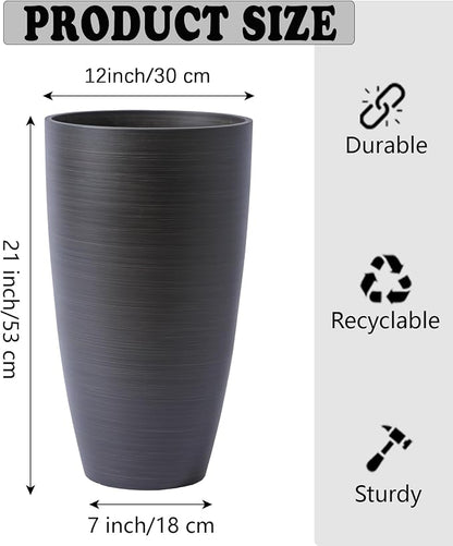 Tall Round Planter 2Pack-11.8"W*21"H Dark Wooden Grain Finish Flower Pots Indoor Decorative Container Garden Patio Outdoor Indoor Plants Unbreakable Resin With Drainage Hole&Movable Insert Shelf