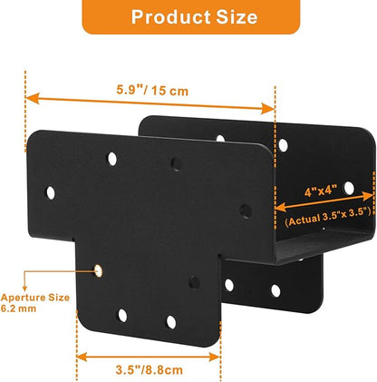 Ertuohg 2 Pcs Pergola Kit T Shaped 4x4 (Actual Size 3.57"x3.57"), Heavy Duty Woodwork DIY Pergola Brackets Kit, 4x4 3 Way T Bracket for Pergolas and Gardens, Matte Black