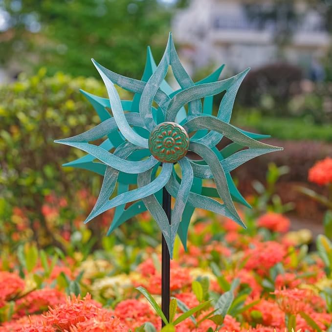 Viveta Metal Wind Spinners,53.5" Kinetic Wind Sculptures | Green Garden Pinwheels Double Layer Windmill for Outdoor Patio Lawn Yard