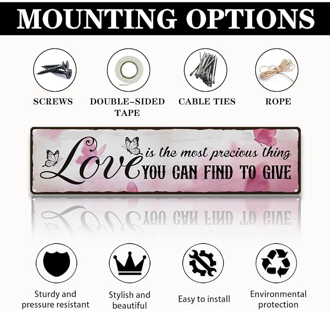 Garden Metal Tin Sign, Vintage Farmhouse Decor, Love Is the Most Precious Thing, Butterfly Wall Decor for Yard Fence Door Porch, Inspirational Indoor Outdoor Garden Decoration, 15.7 x 3.9 Inches