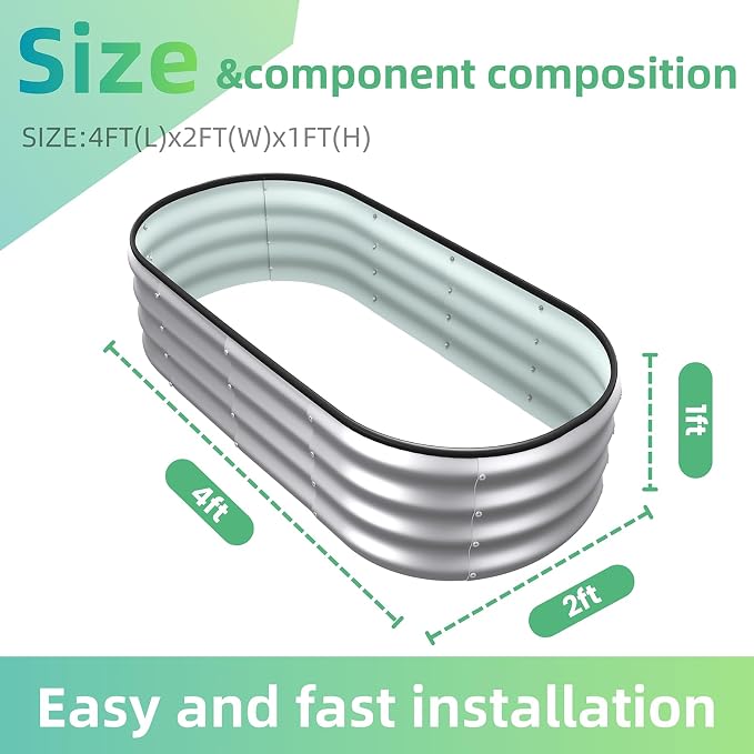 4x2x1 ft Oval Galvanized Metal Raised Garden Beds, Thickened Rust-Proof Flower Beds, Outdoor Plant Planter Boxes(Silver, 2PCS)