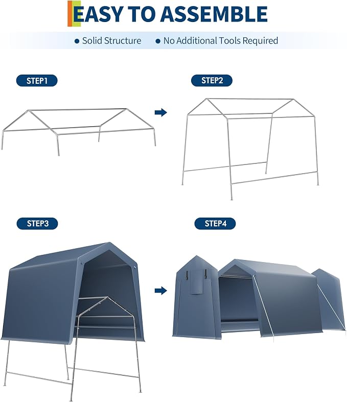 GarveeLife 6x8 FT Outdoor Storage Shed, Portable Carport with Roll-up Ventilated Zipper Door and Windows, Heavy Duty Waterproof Tarp, Storage Sheds for Motorcycle, Bike, Firewood, Garden Tools