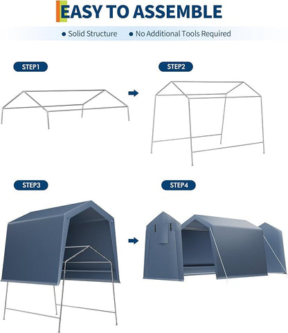 GarveeLife 6x8 FT Outdoor Storage Shed, Portable Carport with Roll-up Ventilated Zipper Door and Windows, Heavy Duty Waterproof Tarp, Storage Sheds for Motorcycle, Bike, Firewood, Garden Tools