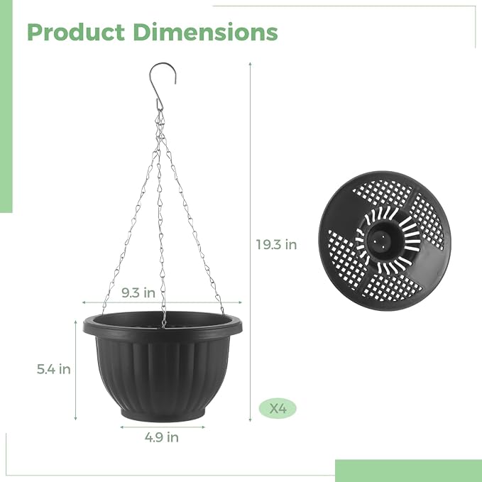 4 Pack Hanging Planters, 9.3 Inch Self Watering Pots for Indoor Plants | Black Plastic Hanging Baskets for Plants Outdoor for Porch Balcony Patio Decor