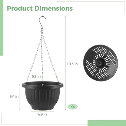 4 Pack Hanging Planters, 9.3 Inch Self Watering Pots for Indoor Plants | Black Plastic Hanging Baskets for Plants Outdoor for Porch Balcony Patio Decor