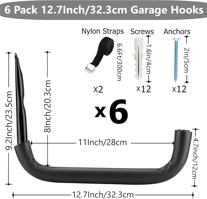 6 Pack Garage Storage Hooks Heavy Duty, 12.7Inch Wall Mount Storage Utility Hanger