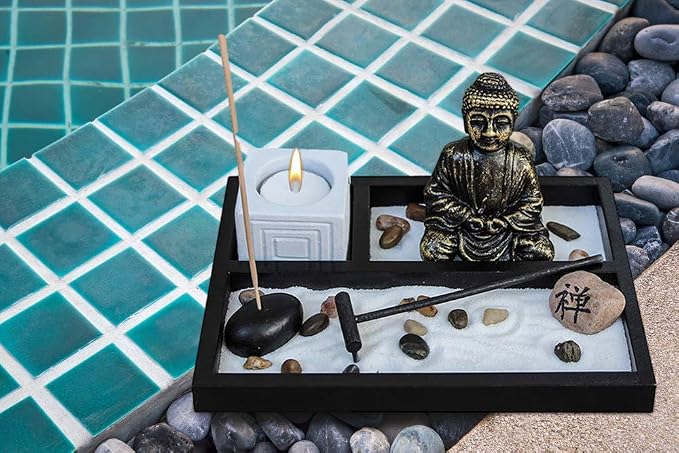 Basic Fundamentals Zen Garden Deluxe Desk Meditation Garden Buddha Statue with Tea Light Holder, Incense Holder, Incense, Rocks, Sand, and Rake (Candle Not Included)