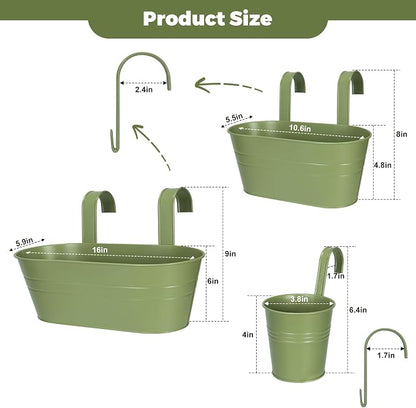3 Different Size Metal Iron Hanging Flower Pots 10 Pcs for Outdoor Plants Metal Hanging Bucket Pots Iron Railing Fence Planter with Drainage Holes and Hooks for Porch Railing Balcony Fence (Green)