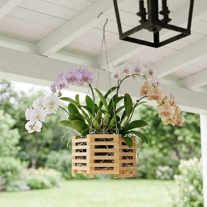 10" Wooden Orchid Basket with Hanger for Vandas & Ferns, Octagon Wood Hanging Planter for Patio, Balcony Decor, Garden Flower Pot for Indoor Outdoor Plants