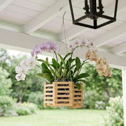 10" Wooden Orchid Basket with Hanger for Vandas & Ferns, Octagon Wood Hanging Planter for Patio, Balcony Decor, Garden Flower Pot for Indoor Outdoor Plants