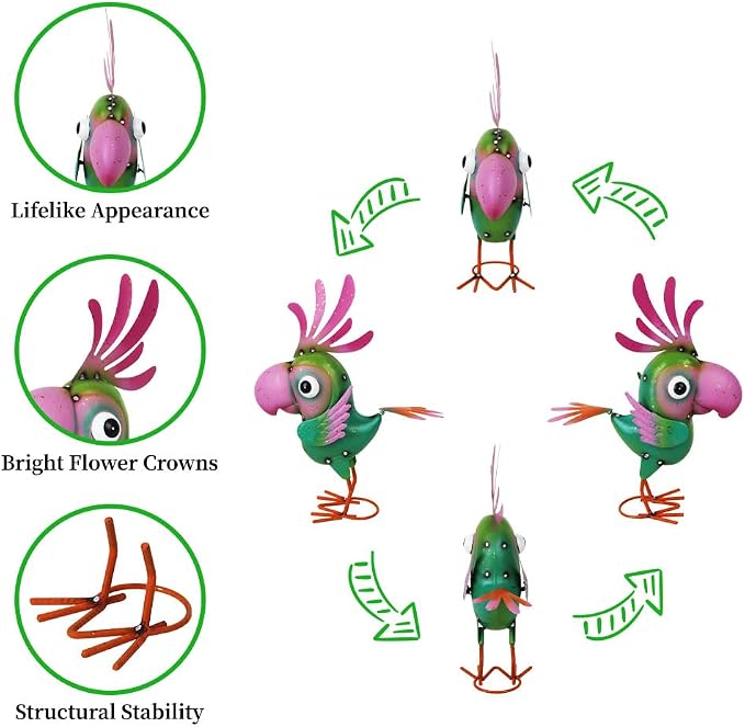 Metal Parrot Statue Outdoor Garden Decor,15" Bird Decor Yard Statue Decorations Outdoor,Funny Parrot Sculpture for Patio, Lawn, Backyard(Green and Pink)