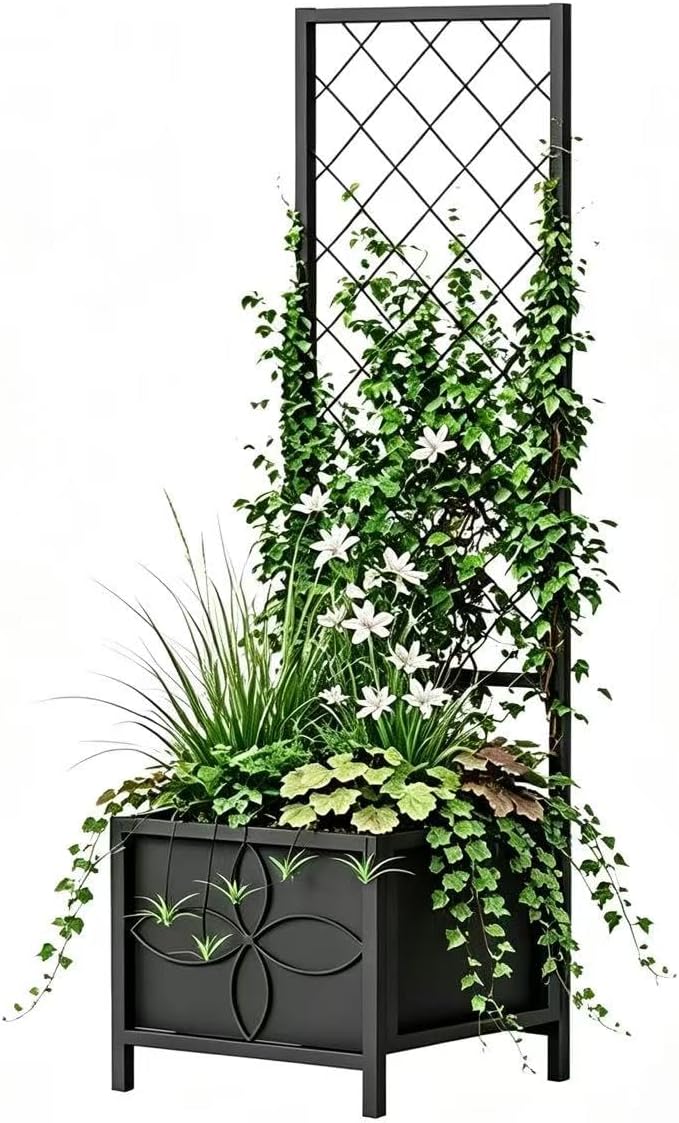 Zhongma 15.75 x 15.75 x 55 in Raised Garden Bed with Trellis,Heavy Duty Plant Box for Climbing Plants with Drainage Hole, Metal Lattice Planter Gardon Box with Inner Fabric Liners.