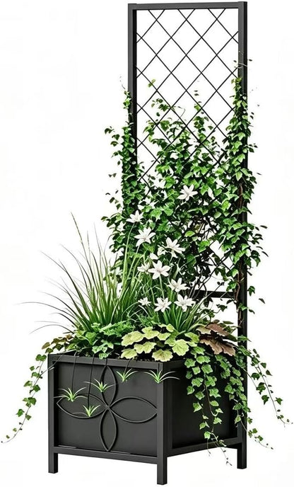 Zhongma 15.75 x 15.75 x 55 in Raised Garden Bed with Trellis,Heavy Duty Plant Box for Climbing Plants with Drainage Hole, Metal Lattice Planter Gardon Box with Inner Fabric Liners.