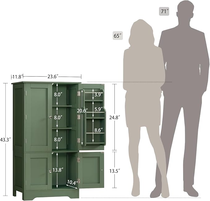 TEENFON 43" H Storage Cabinet with 4 Doors, Kitchen Cabinet with 6 Door Shelves, Kitchen Pantry Cabinets for Living Room, Dining Room, Bathroom, Forest Green