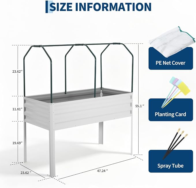 48×24×55in Large Metal Raised Garden Bed with Legs and Cover, Galvanized Oval Raised Bed Planter with Leg for Vegetables and Flowers, Build-in Spray Tube Effortless Watering | Elevated Metal Planter with Built-In 3-Spray Nozzle Watering System, Drain T...