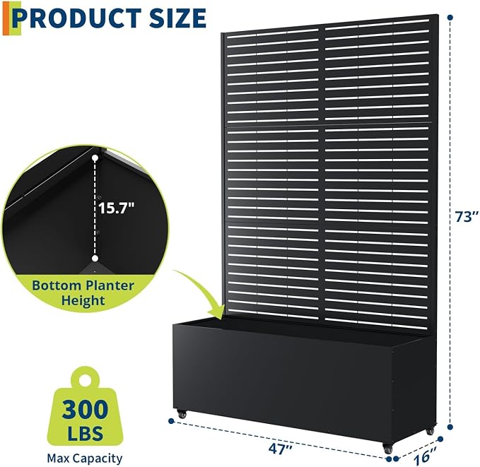 GarveeLife Metal Planter Box with Trellis and Wheels, 71"x47"x16" Raised Garden Bed for Climbing Plants, Vegetables, Vines, Privacy Planters for Patio with Drainage Holes, 15.7" Deep Planting Bed